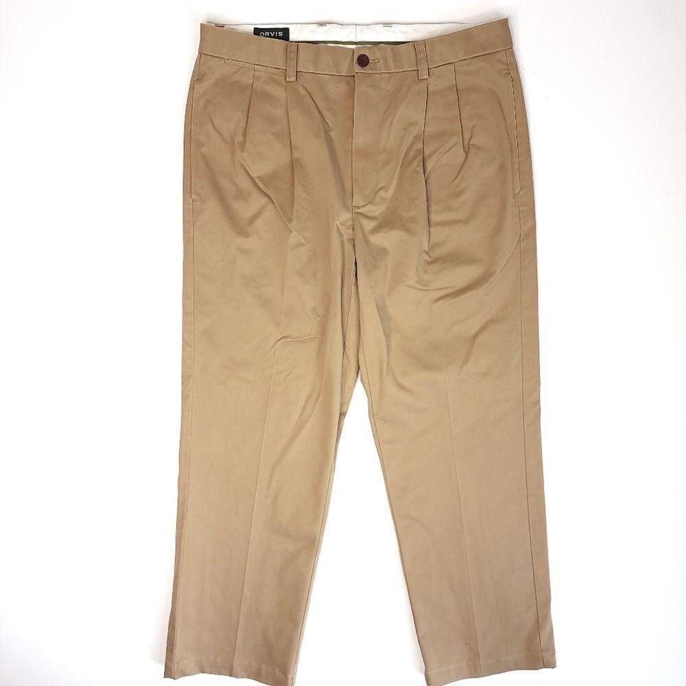 Orvis Stretch Chino Pants Mens Size 34x28 Khaki Outdoors Pleated 11.5" Rise